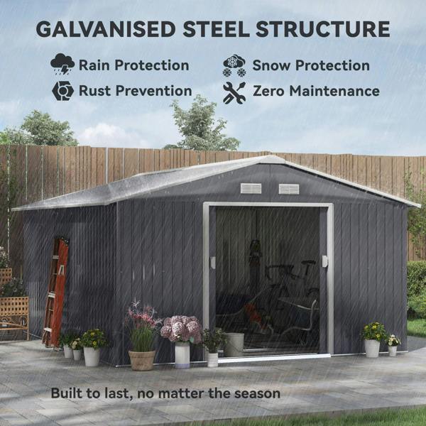 Grey metal garden shed with double doors, small vents, and pitched roof