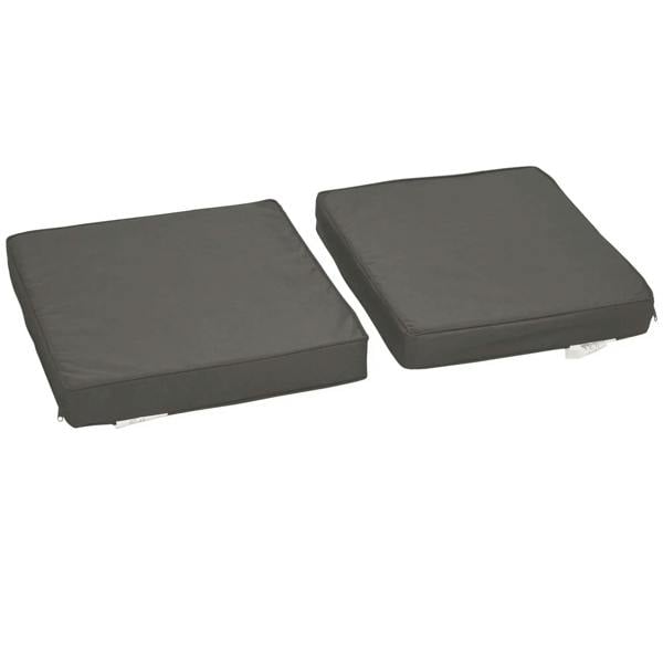 Two dark gray rectangular seat cushions with smooth tops and rounded edges