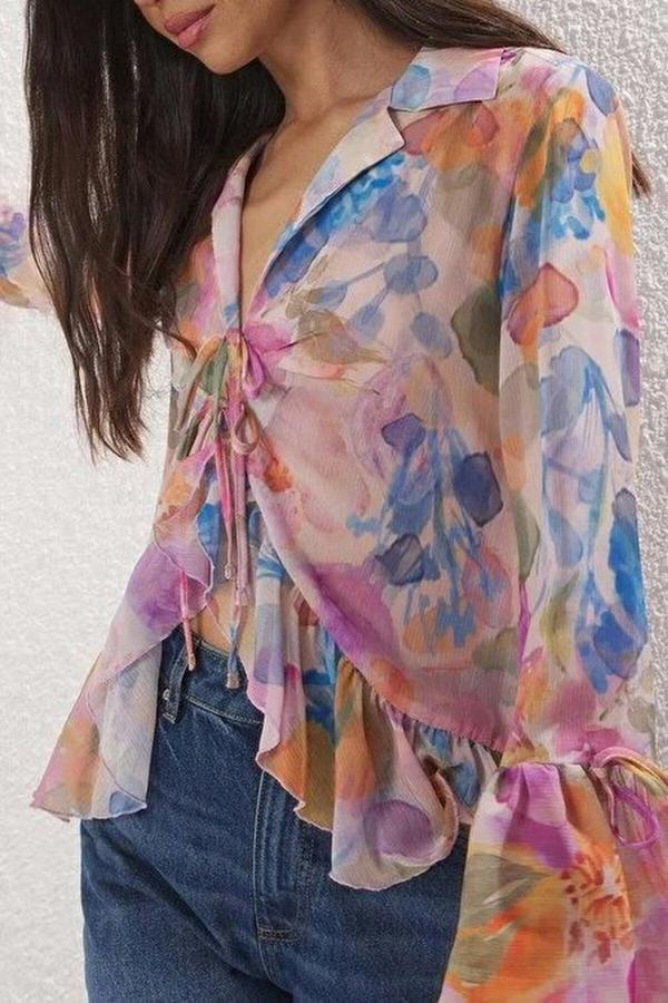 WOVCOR Tie-up Woven Shirt with Ruffle Detail on Front and Sleeves