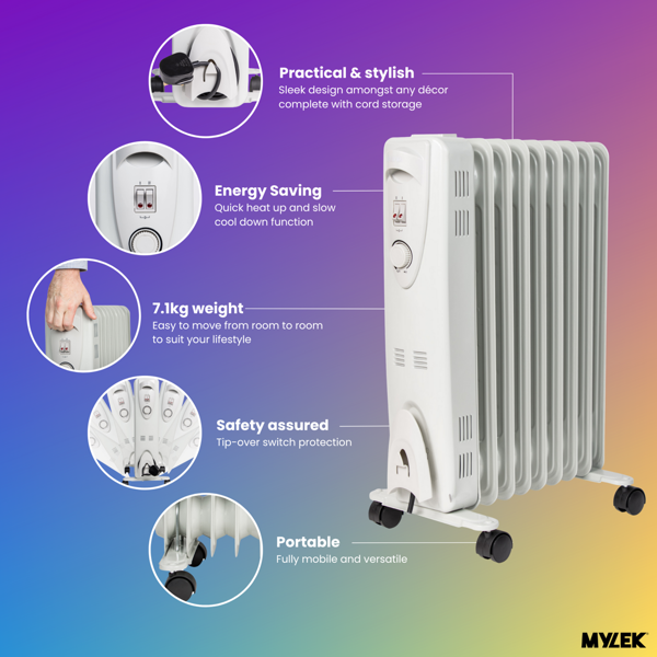 Mylek Oil Filled Electric Portable Space Heater Radiator with Thermostat 2000w