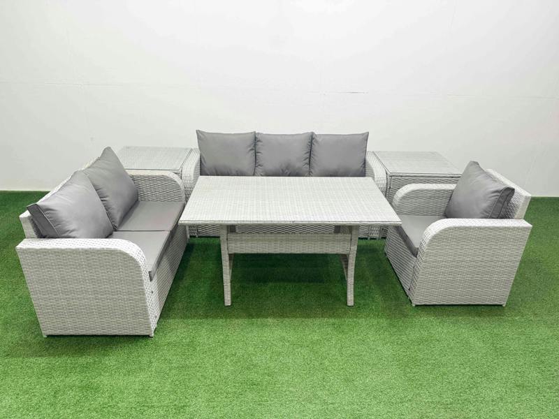 Fimous 6 Seater PE Wicker Rattan Garden Furniture Patio Set, Dining Table, Reclining Chair, Loveseat, 3 Seater Sofa, 2 Side Table, Light Grey