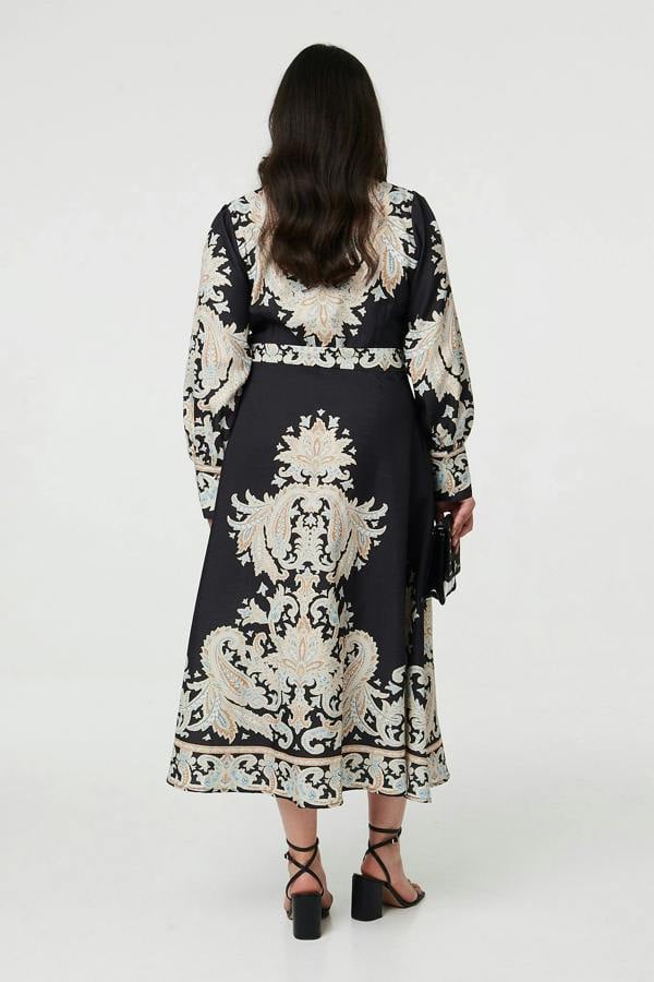 Black | Curve Floral Border Tie Waist Midi Dress
