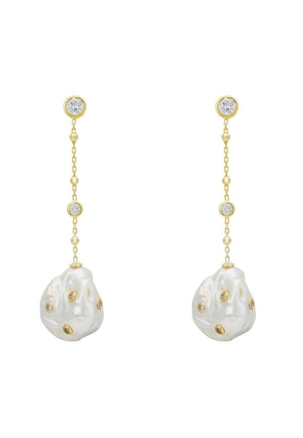 Latelita Polka Dot Baroque Pearl Chain Drop Earrings Gold Cz