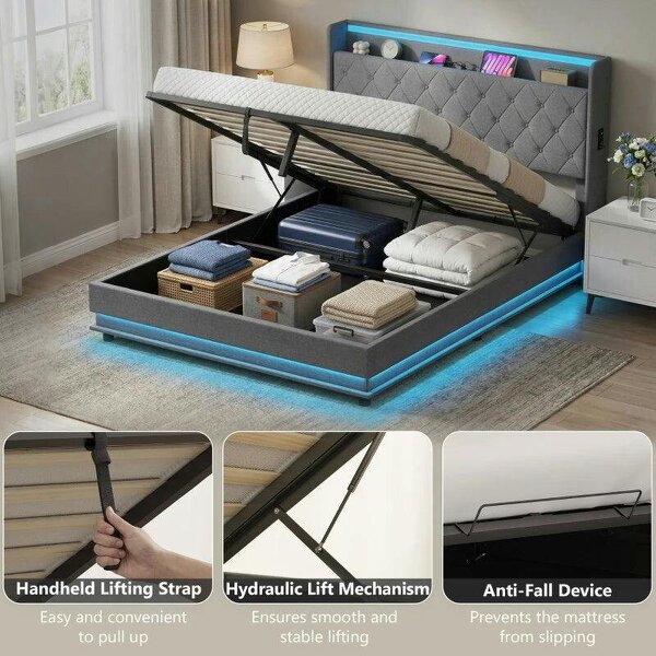 Bobobiy 5ft King Bed Frame with Headboard, Platform Bed Frame with Hydraulic Storage, LED Lights and Charging Station, Grey