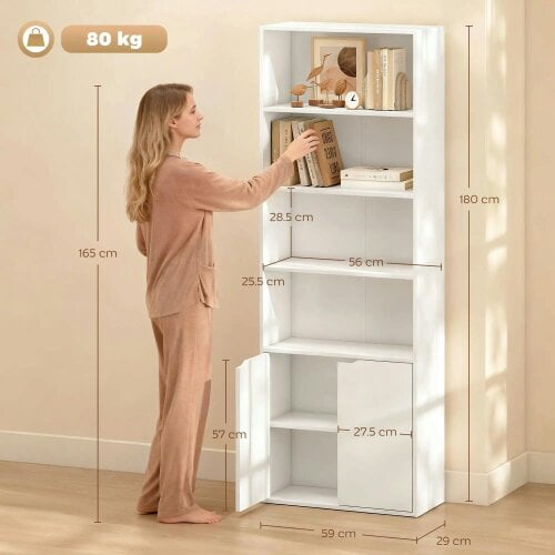 Bobobiy 6-Tier Tall Bookcase, Bookshelf with 4 Open Shelves and Double Door Storage Cabinet, Freestanding Display Rack, 59 x 29 x 180cm, White