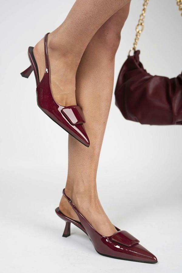 Noria Pointed Toe Slingback Heels With Statement Buckle - Wine