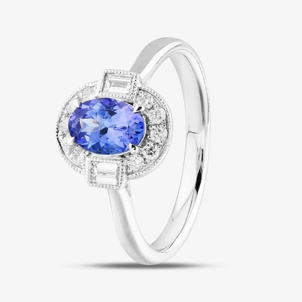 T. H. Baker 18ct White Gold Oval Cut Tanzanite & Brilliant Cut Diamond Halo Ring R61926W-TZ M