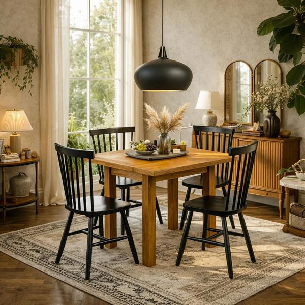 Wyld Haus Hobart Compact Dining Set Natural Oak Effect Extending Dining Table + 4 Dining Chairs in Black