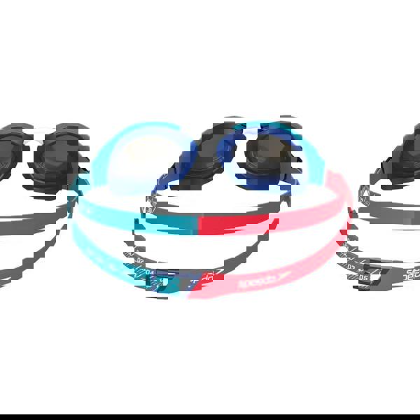 Speedo Junior Fastskin Hyper Elite Mirror Swim Goggles with blue and red straps and clear lenses