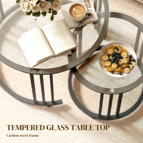 Wyld Haus Kane Set of 2 Metal And Glass Black Round Nesting Tables With Steel Frame