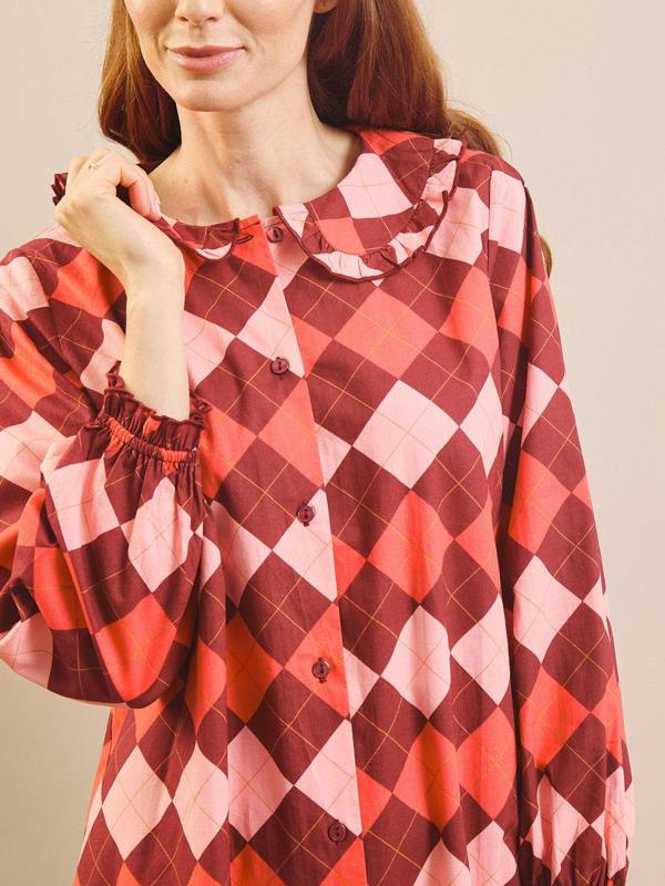 Their Nibs Raspberry Sorbet Argyle Cotton Frill Collar Nightshirt