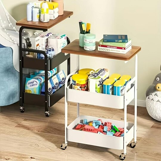 Havendro Three-Tier Mobile Storage Cart | Wooden Desktop with Sturdy Metal Frame