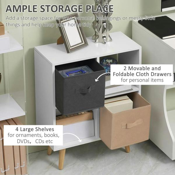 White 4-cube cabinet with open black and tan fabric drawers and empty shelf compartments