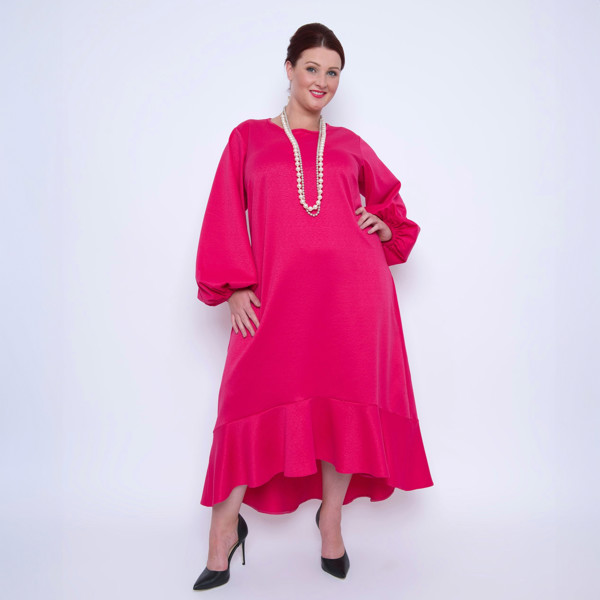 Women's Plus Size Pink Magenta Midi Dobby Jacquard styled with pearl jewelry and black heels for a chic and sophisticated ensemble.