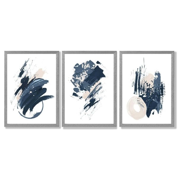 Abstract Set of 3 Minimal Blue Oil Painting Framed Art Prints with Light Grey Wooden Frames