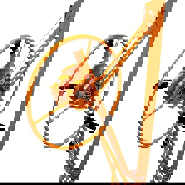 Orange drywall and plasterboard lifter hoist with a large wheel and sturdy frame, designed for easy lifting and maneuvering