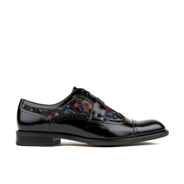 Embassy London Orlando - Black Flower - Men's toe cap dressy black shoe with flower print leather