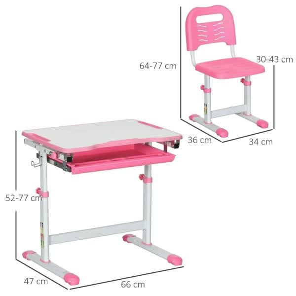 Pink kids desk and chair set with size callouts for desk and chair heights