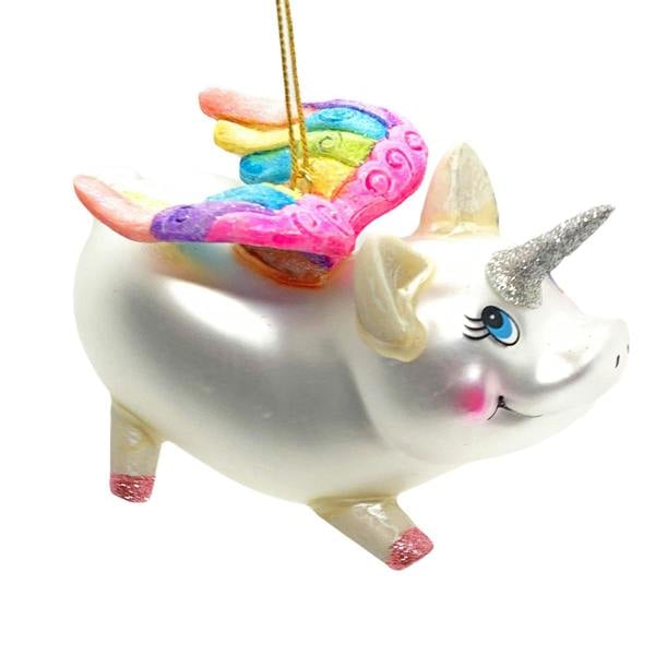 Ferncrest Trading Unicorn Pig Christmas Bauble Rainbow Winged Hanging Glass Decoration