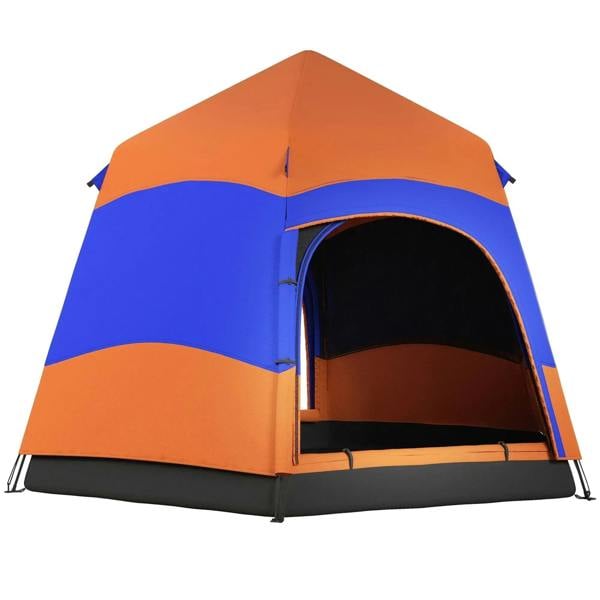 Orange and blue hexagon camping tent with arched front doorway and open entrance