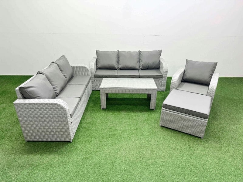 Fimous 8 Seater Poly Rattan Outdoor Sofa Set - Light Grey with Oblong Coffee Table, 3-Seater Sofa, Reclining Chair & Footstool