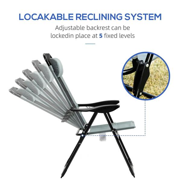 Grey reclining folding chair with adjustable backrest locking at multiple levels
