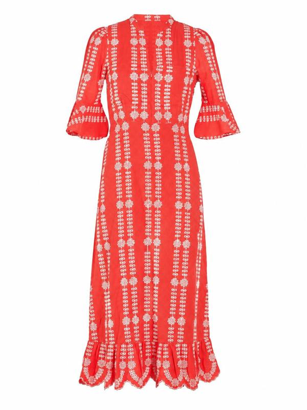 Rose & Nancy Cat Coral Embroidered Midi Dress
