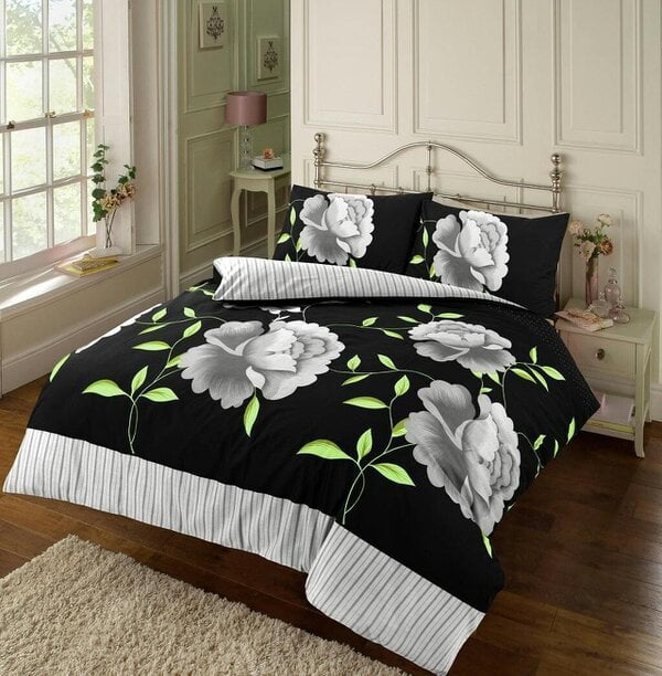 Night Zone Rosaleen Printed Duvet Cover Set – Polycotton Easy Care Bedding with Pillowcases - Black