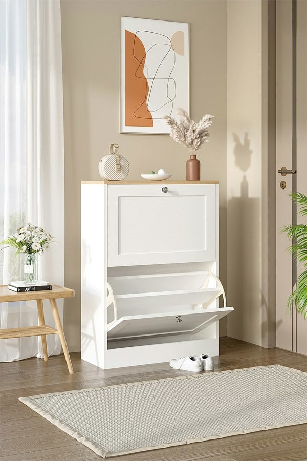 Living and Home Wooden 2 Drawer Flip Down Shoe Cabinet White
