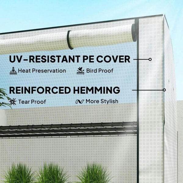 Bobobiy Mini Greenhouse with Reinforced PE Cover, Portable Indoor Outdoor Green House with Roll-up Door, 170 x 120 x 50cm, White