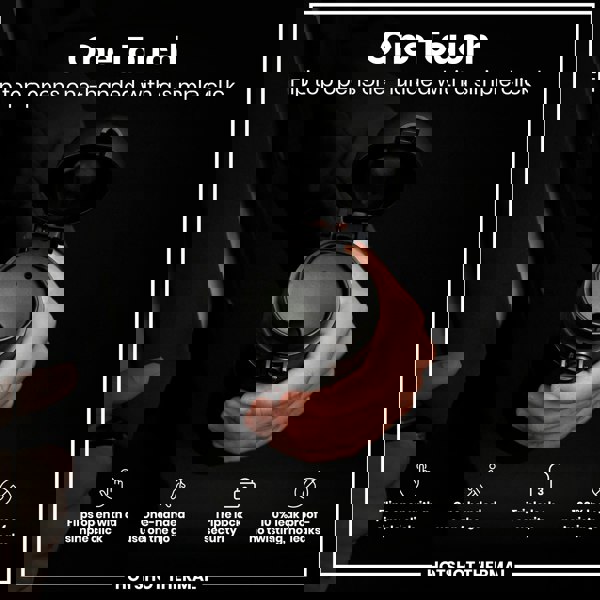 A black thermal flask's flip top is opened one-handed via a simple click by a person wearing a suit.