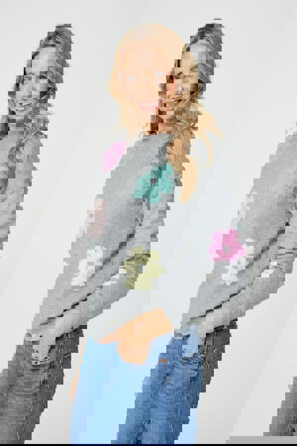 Grey | Floral Long Sleeve Knit Pullover