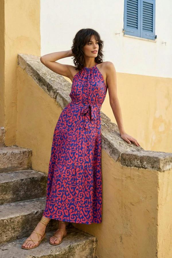 WOVCOR Halter Neck Lined Maxi Woven Dress