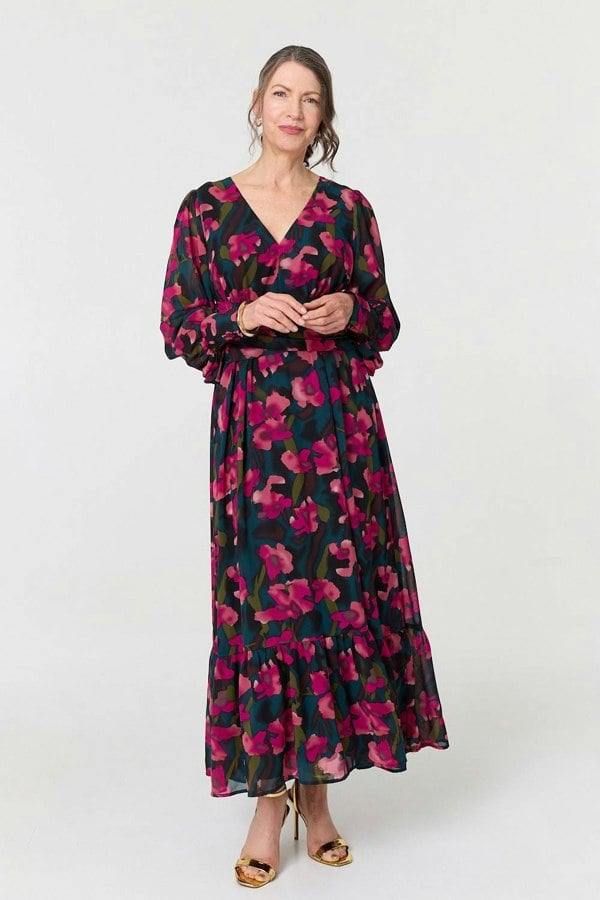 Green | Floral Ruched Long Sleeve Maxi Dress
