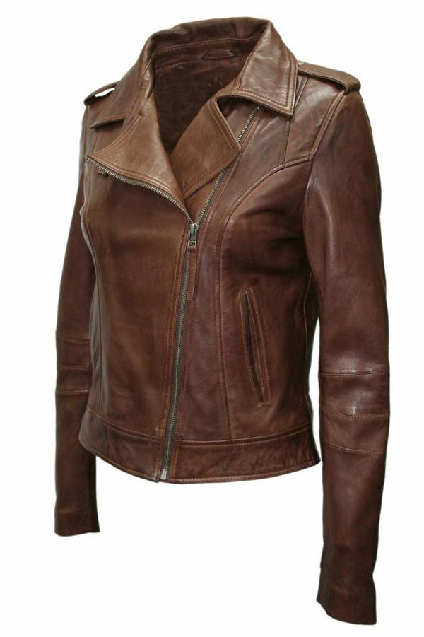 Infinity Leather Womens Chestnut Leather Biker Jacket-Reynosa