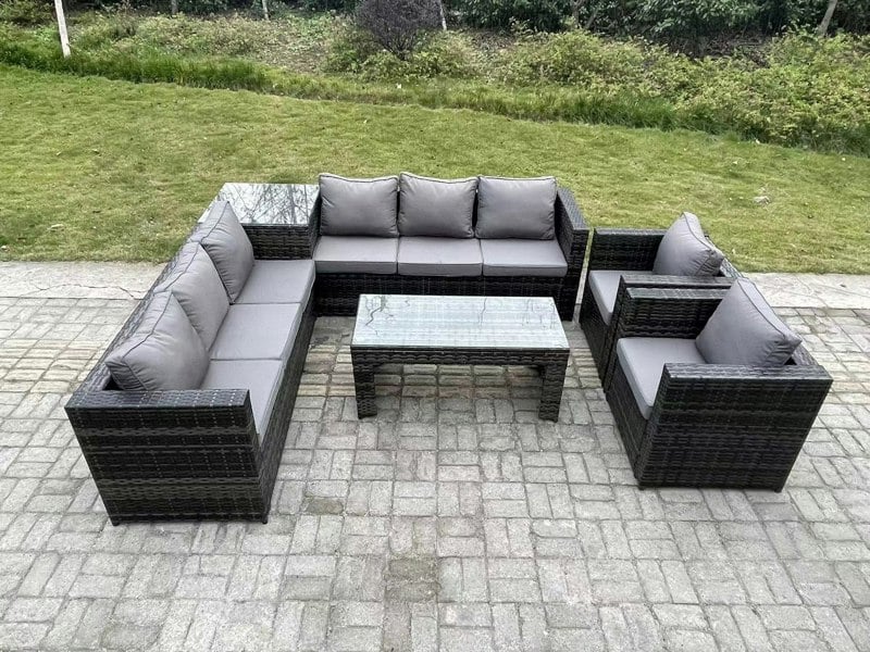 Fimous 8 Seater Rattan Corner Sofa Set With Square Side Table And Oblong Rectangular Coffee Tea Table 2 PC Arm Chair Dark Grey Mixed