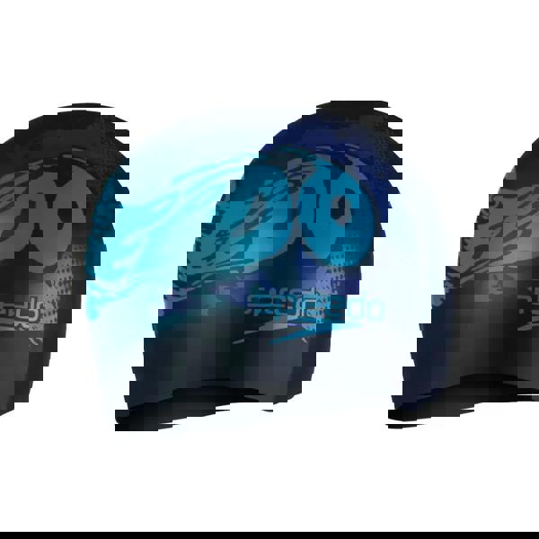 Speedo Junior Slogan Print Silicone Swim Cap with blue black shark design