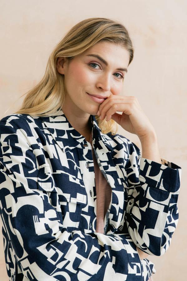 Lily & Me Grasslands Linen Blend Geo Print Jacket Navy