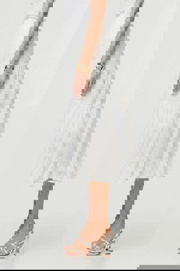 White | High Waist Lace Tiered Midi Skirt