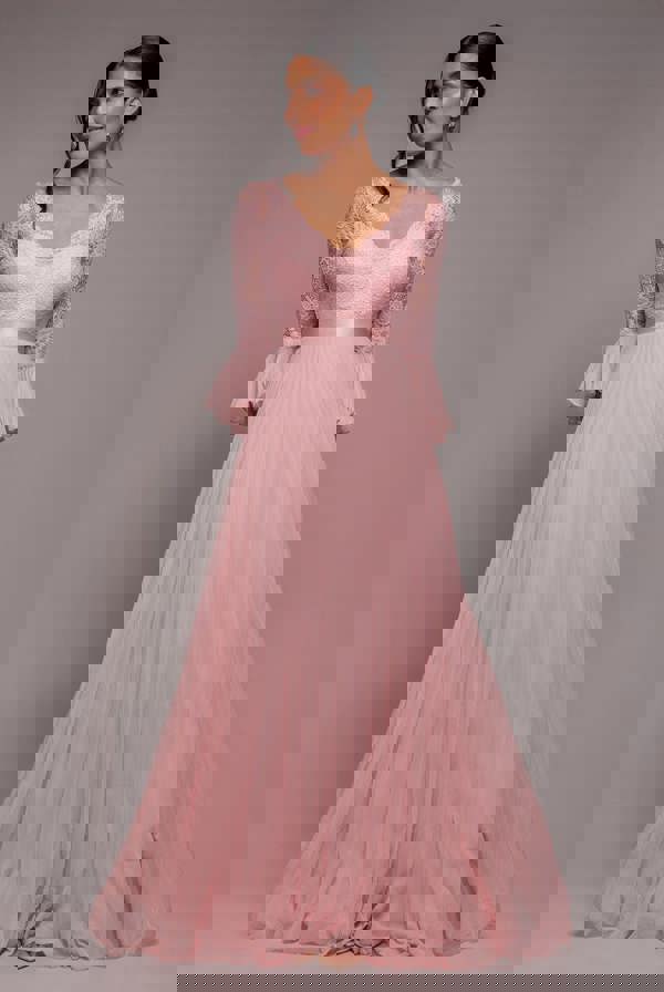 Scalloped Lace Bodice Pleated Chiffon A Line Maxi Dress - Blush Pink DR4390