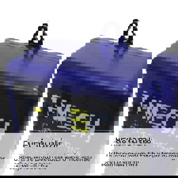 T-Mech Electric Fence Energiser in blue plastic housing, featuring a mounting point and clear labeling for easy installation