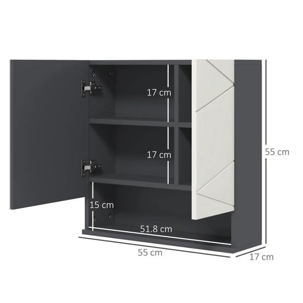 Wall-mounted mirror cabinet showing adjustable shelves and dimensions in light grey