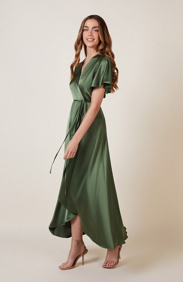 Rewritten London Florence Waterfall Dress in Olive Green Satin