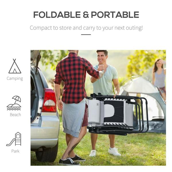 Grey folding zero-gravity recliner with shade cover and side tray