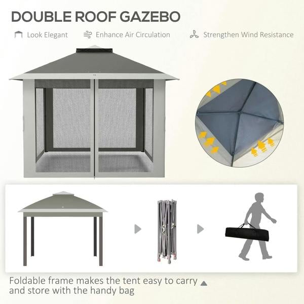 Pop-up double-roof gazebo canopy with dark grey top and mesh sidewalls