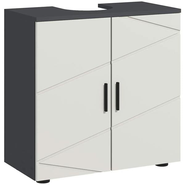 Light grey bathroom vanity cabinet with two doors and black countertop, U cut-out
