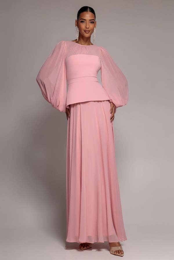 Bishop Sleeve Peplum Top Scuba Crepe And Chiffon Maxi Dress - Blush Pink DR4916