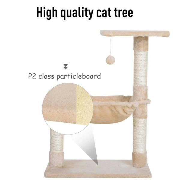 Beige cat tree with dangling ball toy, hammock bed, and tall sisal scratching post