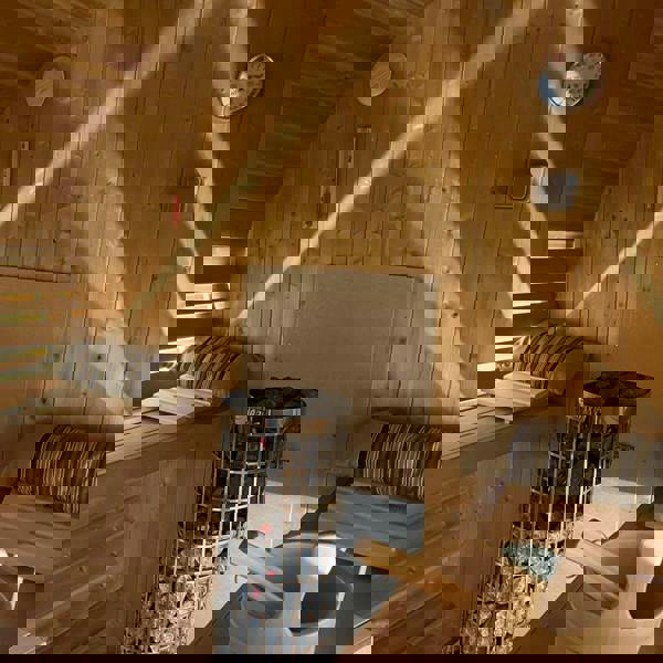 400cm Spruce Barrel Sauna | Thermowood | Terrace | Wood-Fired or Electric.