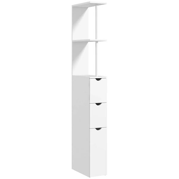 White slim bathroom storage cabinet with open 2-tier shelves and three drawer fronts.